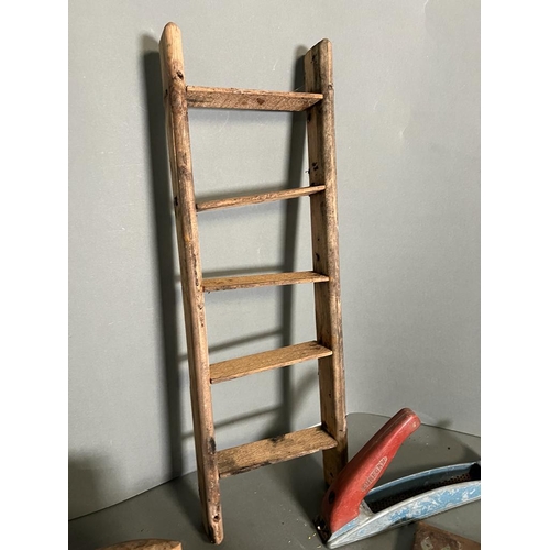 338 - A wooden trug/seed tray along with vintage tools and pullys