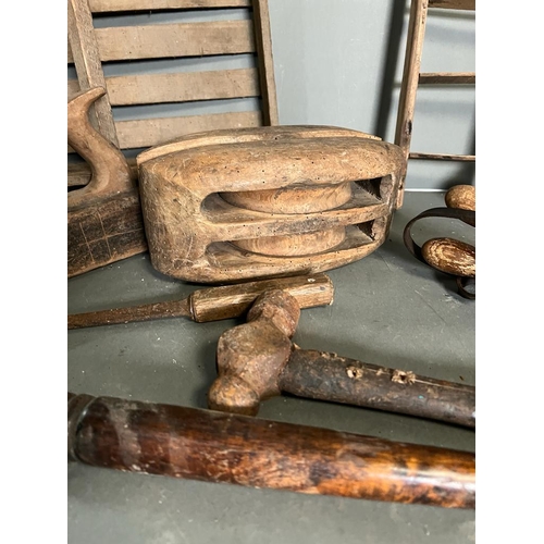 338 - A wooden trug/seed tray along with vintage tools and pullys