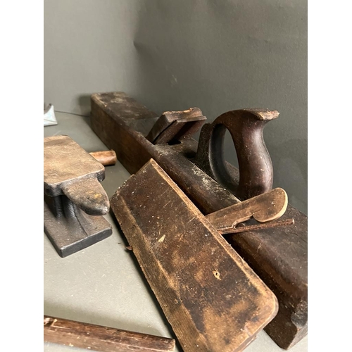 338 - A wooden trug/seed tray along with vintage tools and pullys