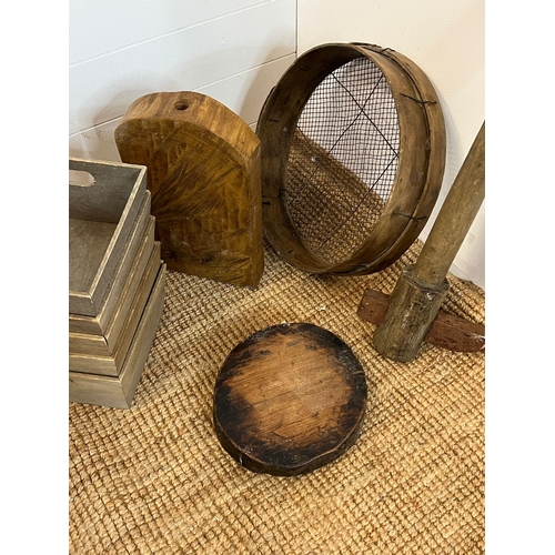 364 - A selection of mixed rustic items including sieve and storage boxes