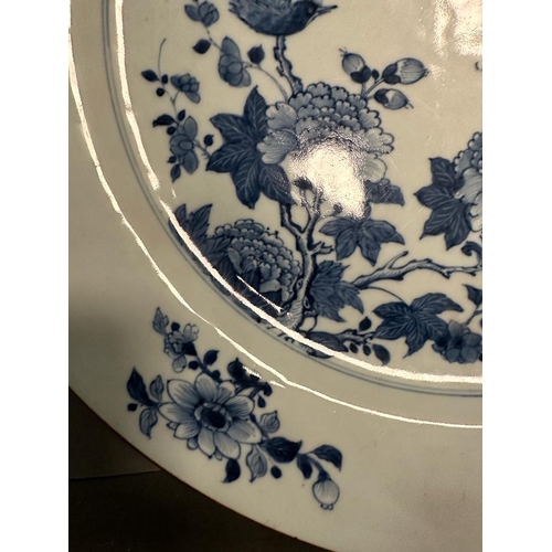 405 - A Chinese Kangxi blue and white bird and peony charger.  Diameter 38cm