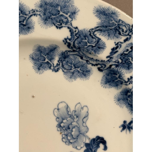 407 - A Chinese Kangxi blue and white peony dish. Diameter 33cm