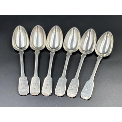 447 - A set of six Victorian Irish silver teaspoons, hallmarked for Dublin 1848, makers mark for John Smyt... 