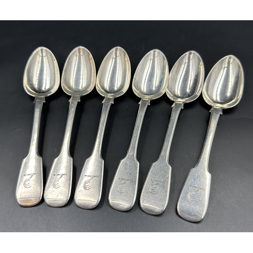 447 - A set of six Victorian Irish silver teaspoons, hallmarked for Dublin 1848, makers mark for John Smyt... 