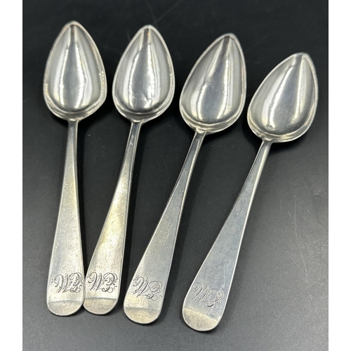 448 - Four silver teaspoons, hallmarked for Newcastle, makers mark TW. Approximate total weight 60g.