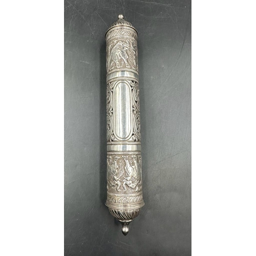 465 - A Filigree and pierced silver scroll holder, decorated with elephants and camels, blank cartouche an... 