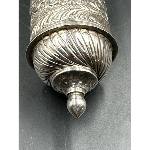 465 - A Filigree and pierced silver scroll holder, decorated with elephants and camels, blank cartouche an... 