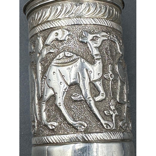 465 - A Filigree and pierced silver scroll holder, decorated with elephants and camels, blank cartouche an... 