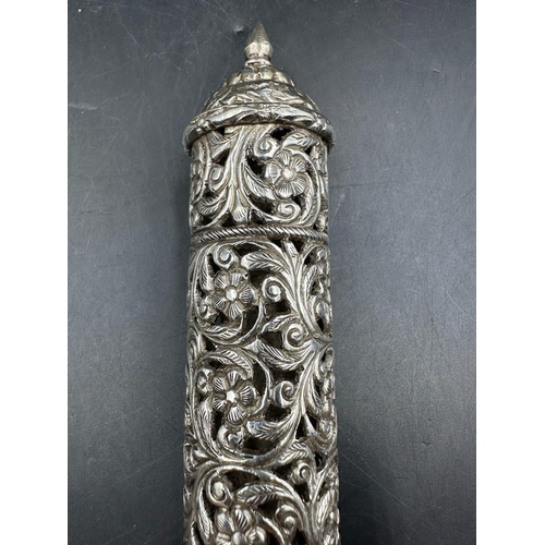 467 - A Filigree and pierced silver scroll holder, approximately 16cm long