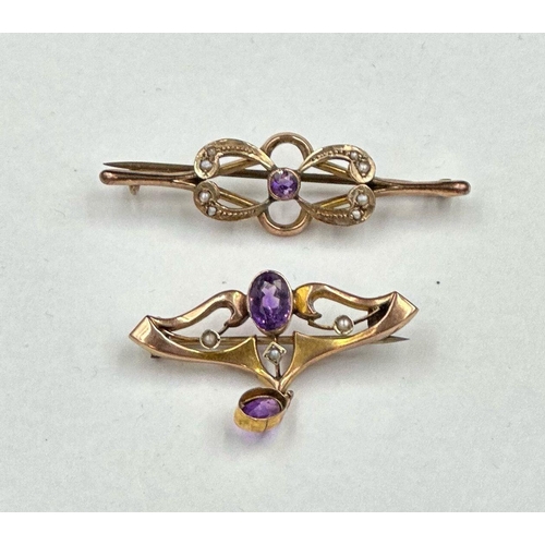 490 - Two 9ct gold brooches, featuring purple stones and diamond decoration