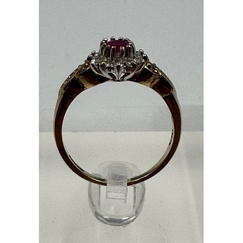 577 - A 9ct gold ruby and diamond ornate ring in yellow gold setting, approximate size O1/2