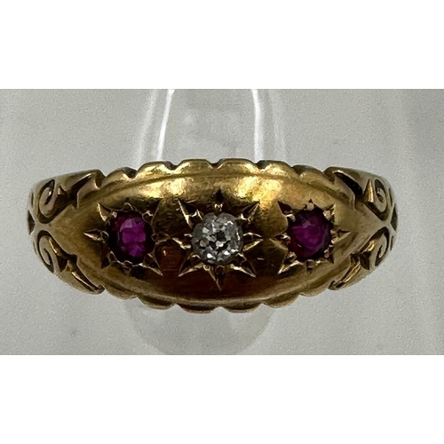 587 - An antique 18ct gold diamond and ruby inset ring, approximate size m and weight 2.4g