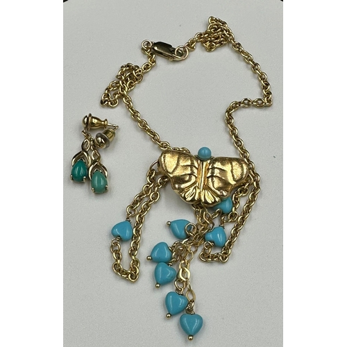 605 - A 9ct gold and turquoise set of butterfly themed necklace and earrings. (Approximate Total Weight 11... 