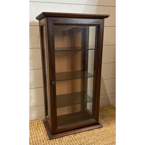 65 - A mahogany wall hanging display cabinet, glazed on three sides with three glass shelves (H63cm W33cm... 