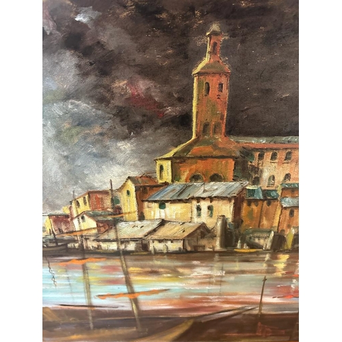 665 - An oil on board if a harbour scene, signed lower right 85cm x 72cm