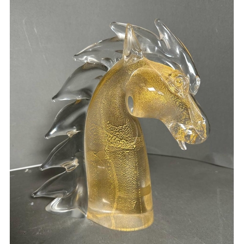 685 - A selection of Art glass items to include a candle stick, a horses head and two dishes