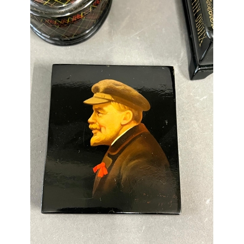 694 - Two lacquered boxes and mini portrait (9cm x 8.5cm)