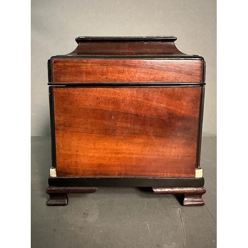 697 - A rosewood tea caddy on block feet with brass handle and key