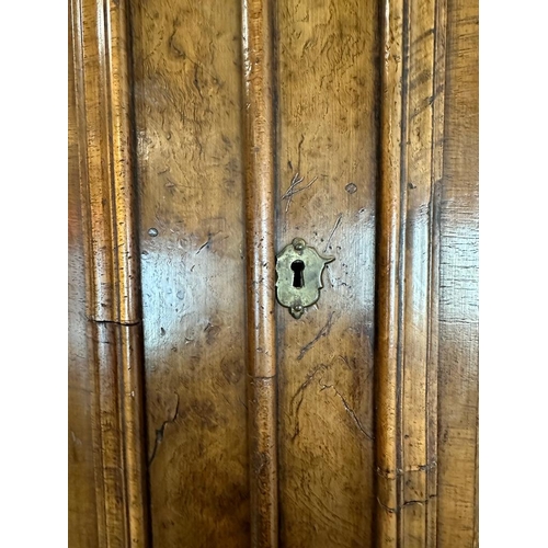 7 - A Queen Anne revival walnut panelled cabinet on two over three chest with block feet, brass handles ... 