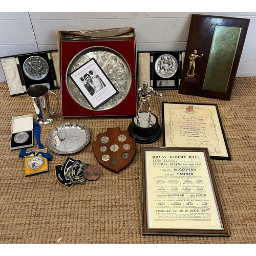 722 - A large collection of boxing memorabilia trophies, posters including coins and silver plate