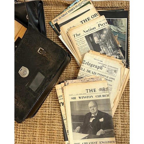 723 - Two government officers briefcases along with newspaper cuttings of Sir Winston Churchill