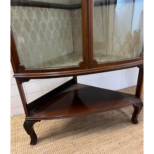 73 - An Edwardian mahogany corner unit with barrel glazed front and cabriole legs (H185cm W105cm D70cm)