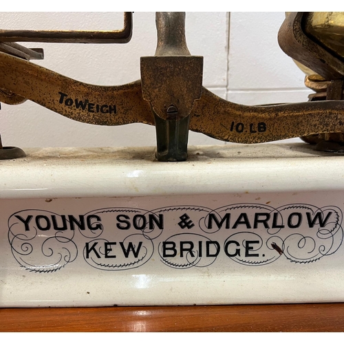 759 - Young Son and Marlow set of scales with porcelain base and brass pan