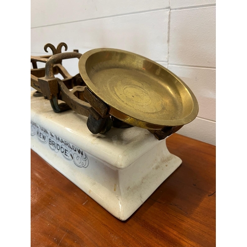 759 - Young Son and Marlow set of scales with porcelain base and brass pan