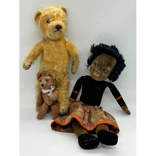 796 - Two classic teddy bears and one rag doll