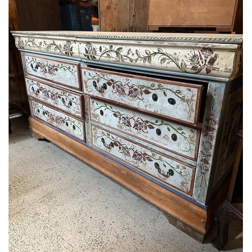 92 - A painted six drawer sideboard with floral motif, two drawers below and two dummy drawers to top (H9... 