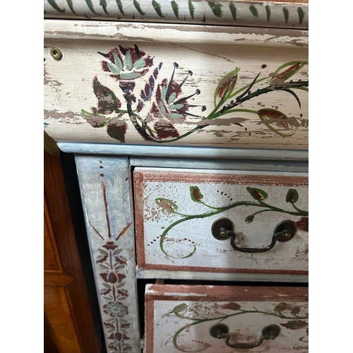 92 - A painted six drawer sideboard with floral motif, two drawers below and two dummy drawers to top (H9... 