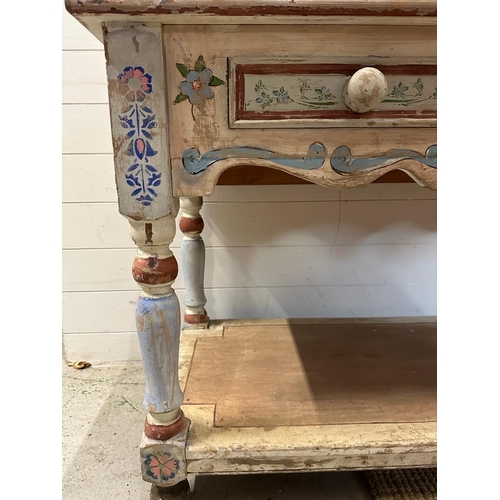 93 - A French kitchen style painted dresser, six shelves and two drawers over and three drawers and shelf... 