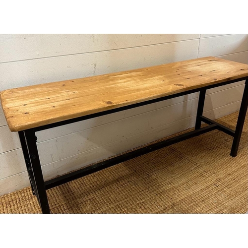 98 - A pine and metal frame bench (H51cm W114cm D34cm)