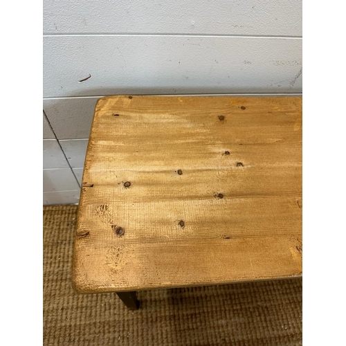 98 - A pine and metal frame bench (H51cm W114cm D34cm)