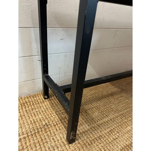 98 - A pine and metal frame bench (H51cm W114cm D34cm)