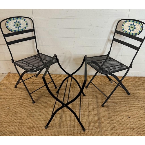 138 - Two black wrought iron garden chairs with tiled mosaic backs and a bistro table frame