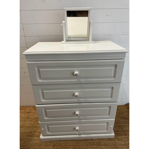 164 - A white four drawer chest of drawers with a framed white bathroom mirror (H92cm W77cm D44cm)