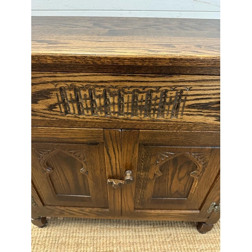 176 - An oak two door cabinet with single drawer over and carved panels (H72cm W76cm D44cm)