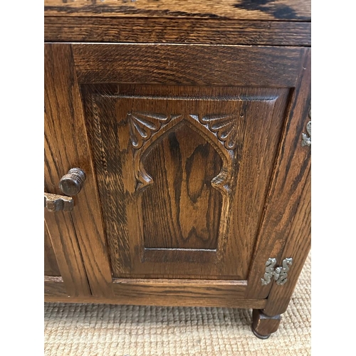 176 - An oak two door cabinet with single drawer over and carved panels (H72cm W76cm D44cm)