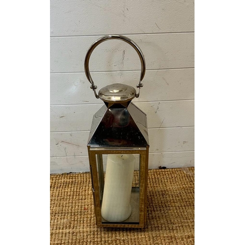 226 - A square chrome hanging lantern with glass panels to side (H68cm)