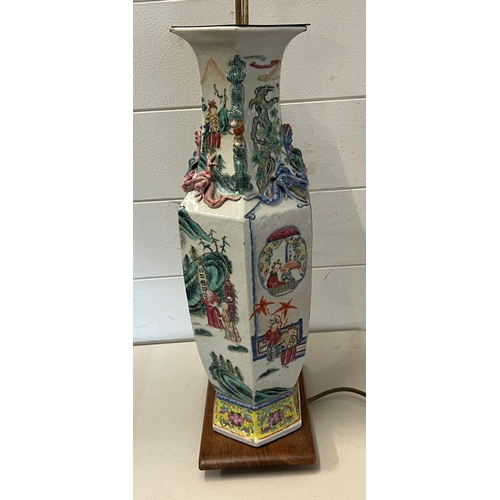 231 - A Chinese figural table lamp with foo dog style handles to side (H56cm)