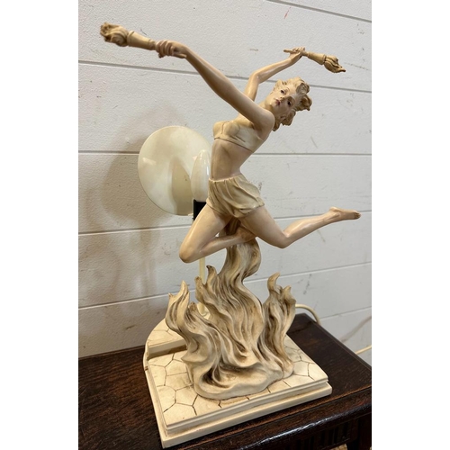 244 - An Art Deco style resin table lamp of a dancing lady with white glass back plate