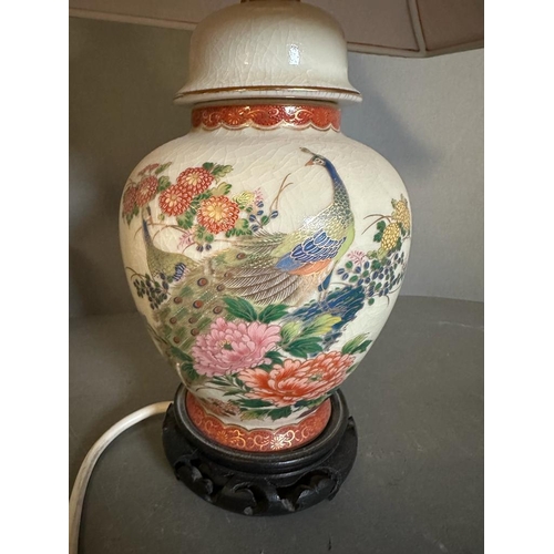 249 - A pair of Chinese style table lamps with peacock design