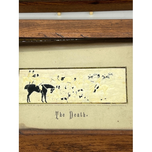 293 - Three framed silks of Hunting scenes, The Meet, Full Cry and The Death (28cm x 20cm)