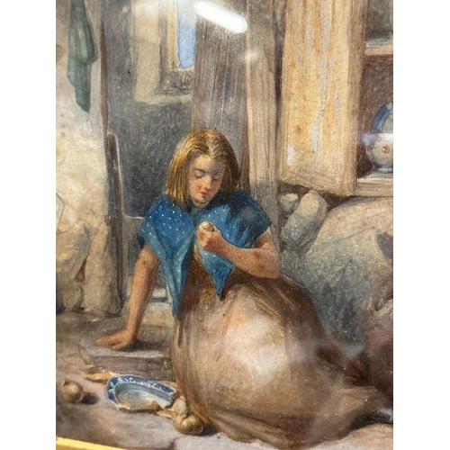 296 - A water colour of a young lady kneeling on the floor of a kitchen, signed lower right W.Langley 49cm... 