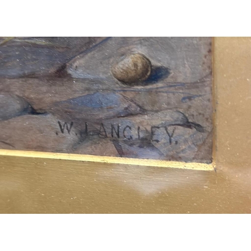 296 - A water colour of a young lady kneeling on the floor of a kitchen, signed lower right W.Langley 49cm... 