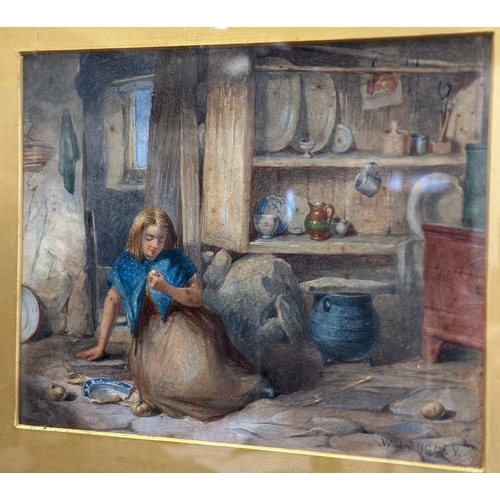 296 - A water colour of a young lady kneeling on the floor of a kitchen, signed lower right W.Langley 49cm... 