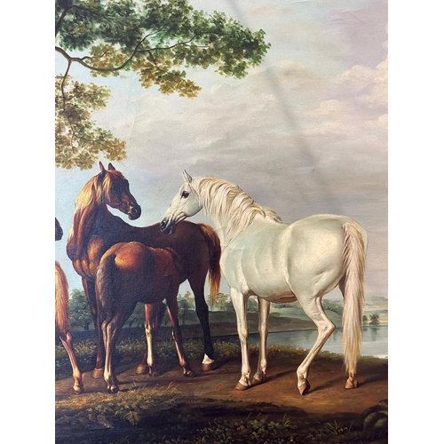 297 - A oil on canvas in the manner of George Stubbs, signed in red bottom left depicting mares with foals... 