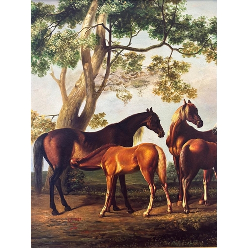 297 - A oil on canvas in the manner of George Stubbs, signed in red bottom left depicting mares with foals... 