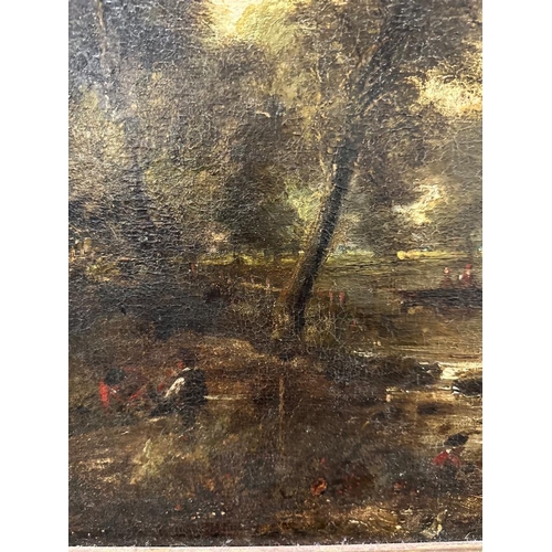 299 - An oil on canvas of a riverside scene, possibly 19th century, unsigned in an ornate frame (59cm x 49... 